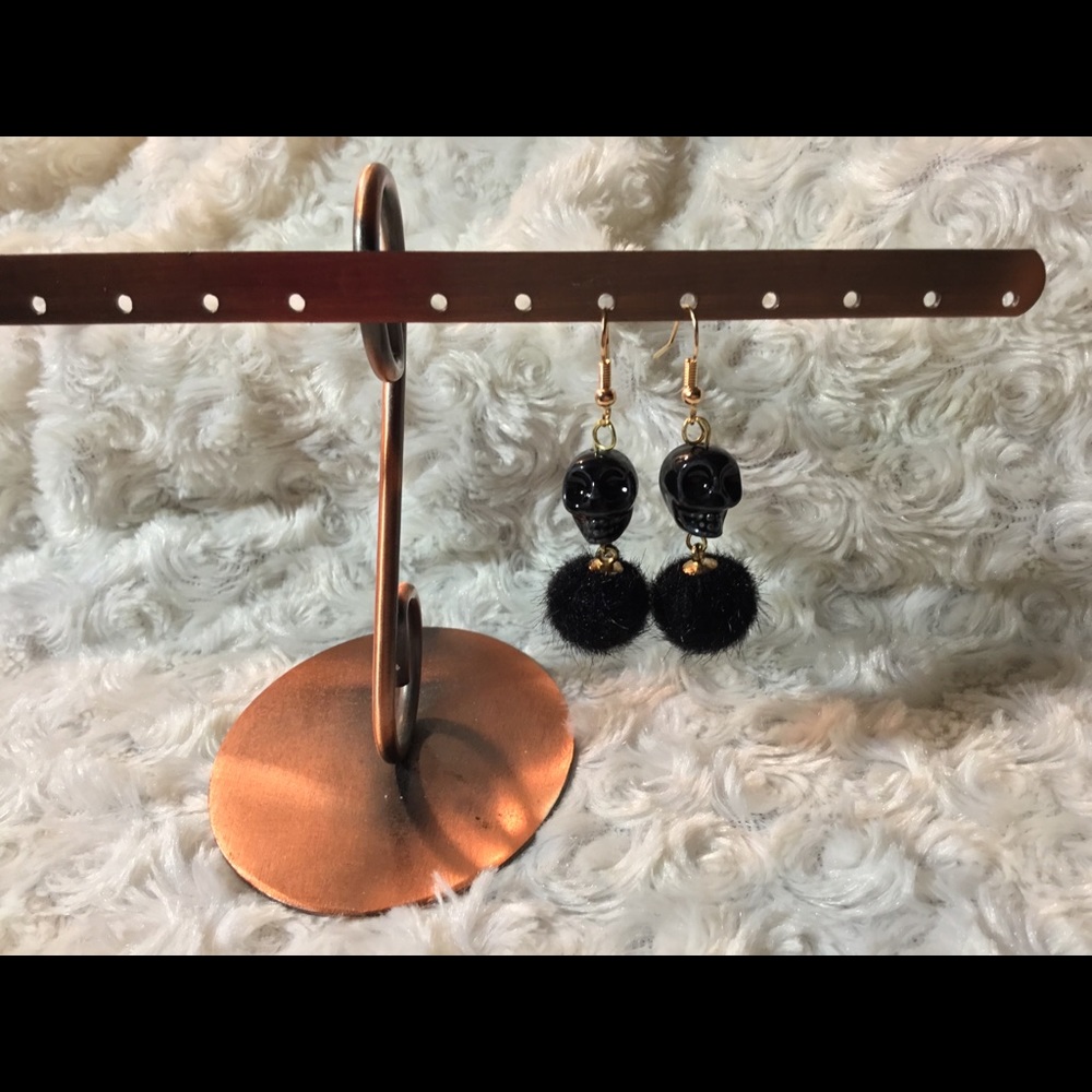 Pom pom Skull Dangle Earrings Midnight 2in long - Picture 6 of 7